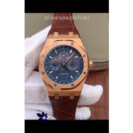 Audemars Piguet Royal Oak Perpetual Calendar Swiss Replica Rose Gold Casing Watch in Blue Dial