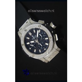 Hublot Big Bang Carbon Dial Diamonds Studded Stainless Steel Swiss Watch 