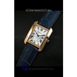 Cartier Louis Japanese Replica Ladies Rose Gold Watch in Blue Strap