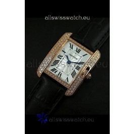Cartier Louis Japanese Replica Ladies Rose Gold Diamond Watch in Black Strap