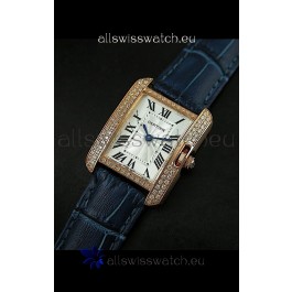 Cartier Louis Japanese Replica Ladies Rose Gold Diamond Watch in Blue Strap