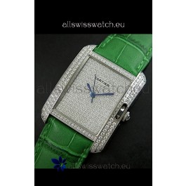 Cartier Tank Anglaise Ladies Replica Watch in Steel/Green Strap
