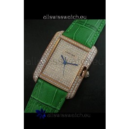 Cartier Tank Anglaise Ladies Replica Watch in Gold Case/Green Strap