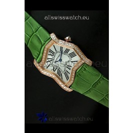 Cartier Tank Folle Ladies Replica Watch in Yellow Gold Case/Green Strap