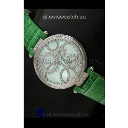 Cartier Replica Watch with Diamonds Embedded Dial Bezel in Steel Case/Green Strap