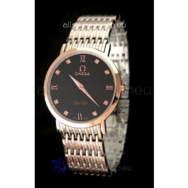 Omega DeVelie Japanese Replica Rose Gold Watch in Black Dial