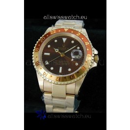 Rolex GMT Master II Swiss Replica Gold Watch in Dark Red Dial