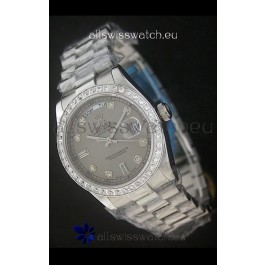 Rolex Day Date Just Japanese Replica Grey Watch in Full Diamond Bezel