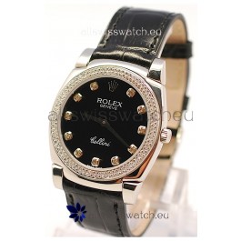 Rolex Cellini Cestello Ladies Swiss Watch in Black Face and Diamond Markers