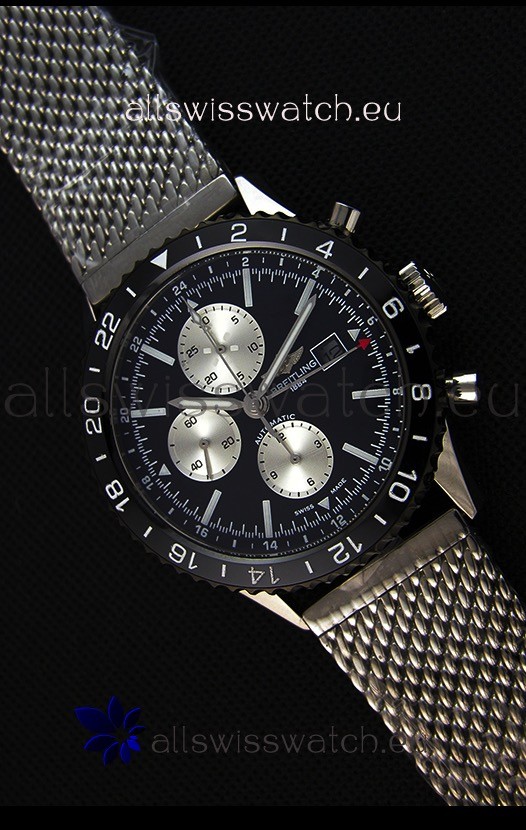 Breitling Chronoliner Steel-Black Mesh Strap in Black Dial Swiss Replica Watch 