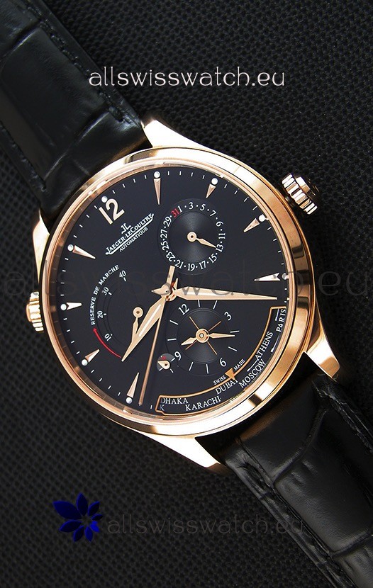 Jaeger LeCoultre Master Geographic Power Reserve Pink Gold Black Dial Swiss Replica Watch 