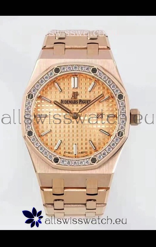 Audemars Piguet Royal Oak 33MM Rose Gold Casing Gold Dial 1:1 Mirror Replica Watch
