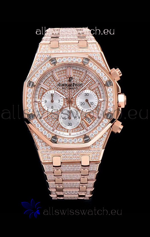 Audemars Piguet Royal Oak Chronograph 41MM Swiss Quartz Watch with Diamonds Embedded Casing in Rose Gold