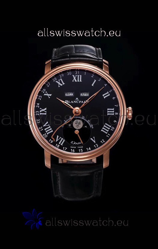 Blancpain "Villeret Quantième Complet" 904L Steel Rose Gold Watch in Black Dial