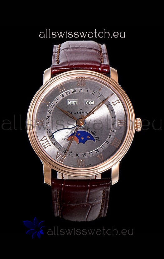 Blancpain "Villeret Quantième Complet" 904L Steel Rose Gold Watch in Grey Dial