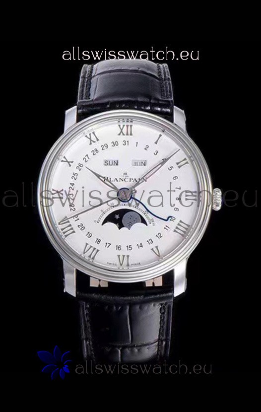 Blancpain "Villeret Quantième Complet" 904L Steel Swiss Watch in Off-White Dial