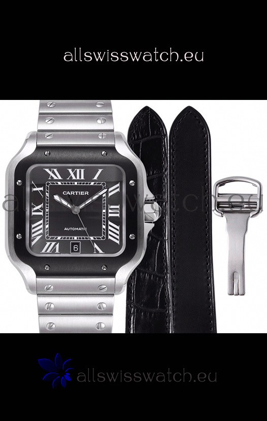 Cartier "Santos De Cartier" Mens XL 1:1 Mirror Replica Watch in Stainless Steel Casing - Black Bezel