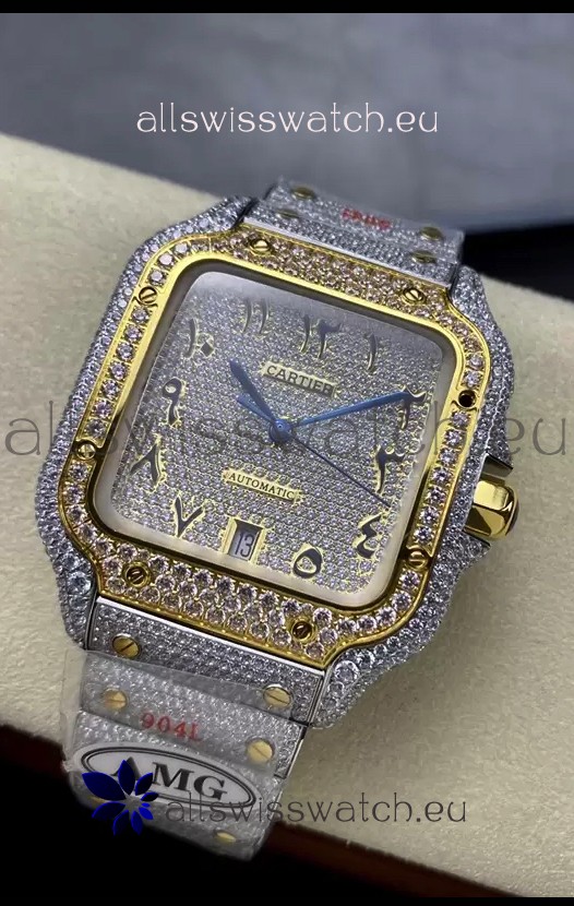 Cartier "Santos De Cartier" 904L Steel Diamonds Gold Arabic Dial 1:1 Mirror Replica - 40MM - Genuine Diamonds