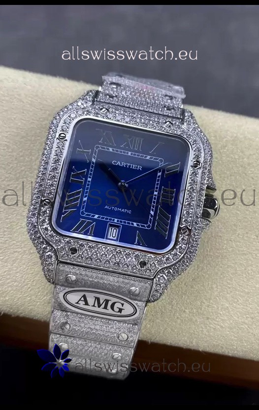 Cartier "Santos De Cartier" 904L Steel Blue Dial 1:1 Mirror Replica - 40MM - Genuine Diamonds