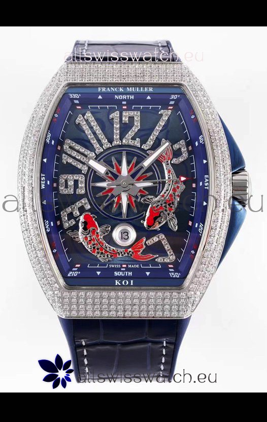 Franck Muller Vanguard KOI V45 YT SC DT AC BL KOI 2 Diamonds Embedded Swiss Replica Watch 