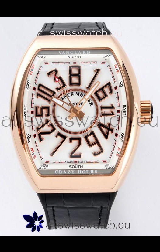 Franck Muller Vanguard Crazy Hours in Rose Gold Plating - White Dial Swiss Replica Watch 