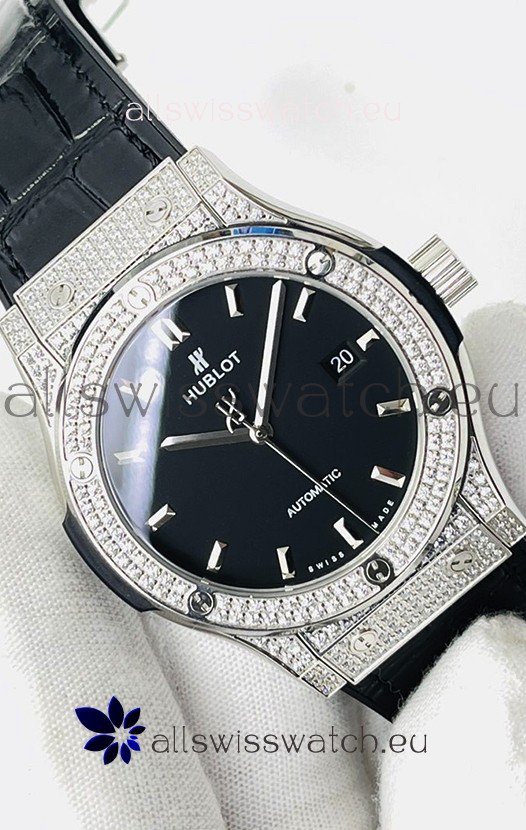 Hublot Classic Fusion Stainless Steel Diamonds Black Dial Swiss Replica Watch 1:1 Mirror Quality 