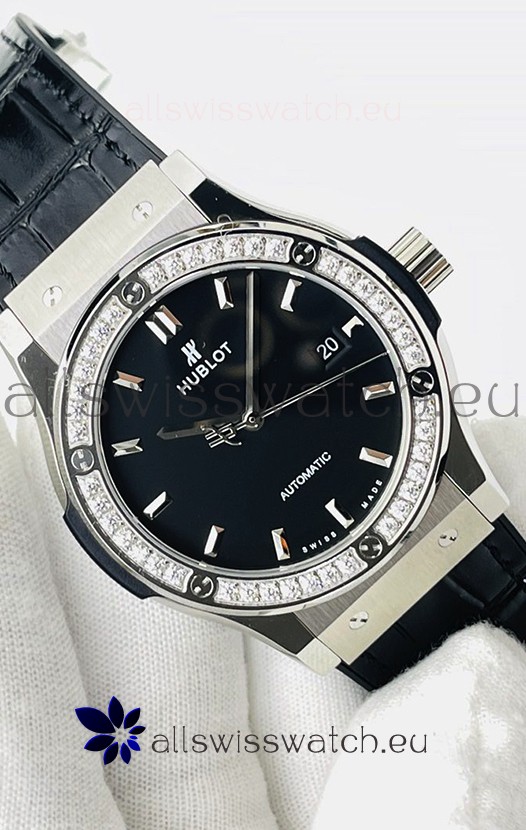 Hublot Classic Fusion Stainless Steel Black Dial Swiss Replica Watch 1:1 Mirror Quality 