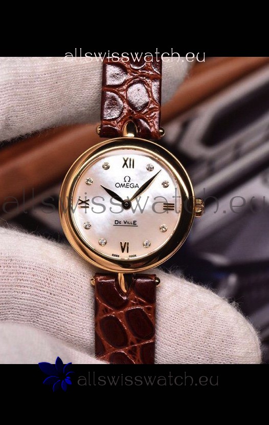 Omega De Ville Prestige Dewdrop Edition Swiss Quartz Watch in Rose Gold Brown Strap