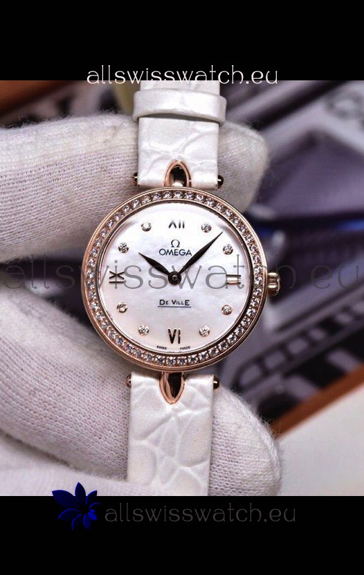 Omega De Ville Prestige Dewdrop Edition Swiss Quartz Watch in Rose Gold White Strap