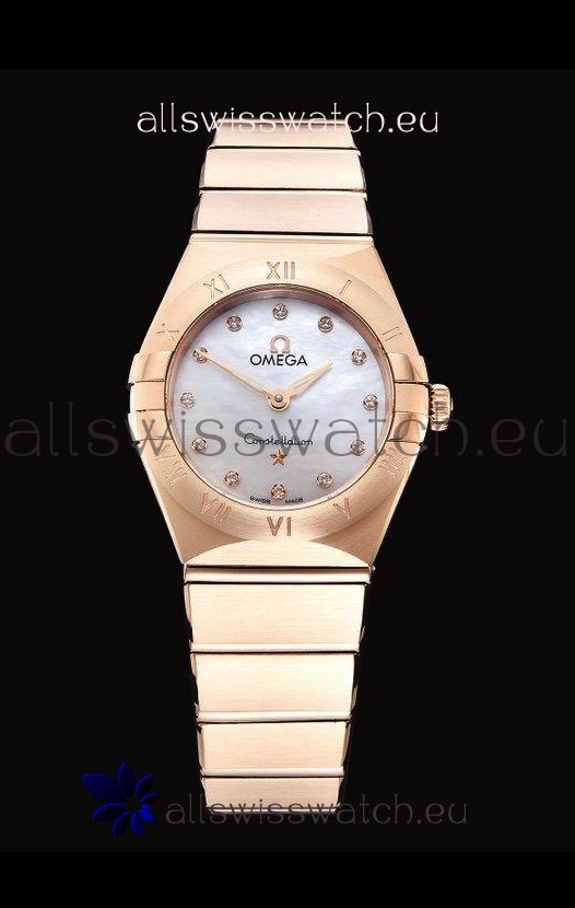 Omega Constellation Ladies Swiss Quartz 1:1 Mirror Replica - Rose Gold Casing White Pearl Dial