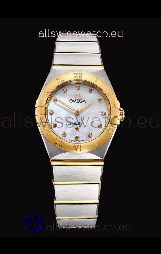 Omega Constellation Ladies Swiss Quartz 1:1 Mirror Replica - Two Tone Casing in White Pearl Dial