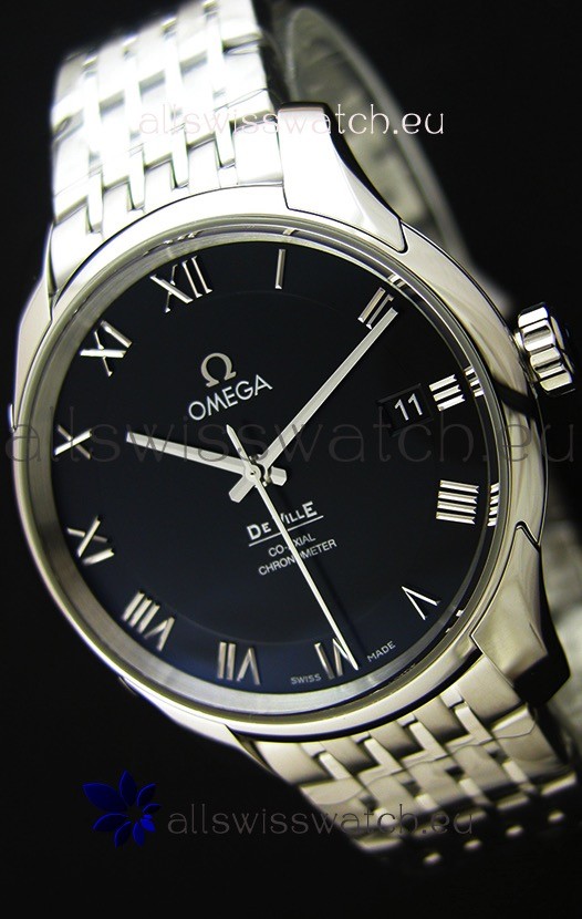 Omega De-Ville Annual Calendar Steel Strap Swiss Replica Watch 1:1 Mirror Edition in Black Dial