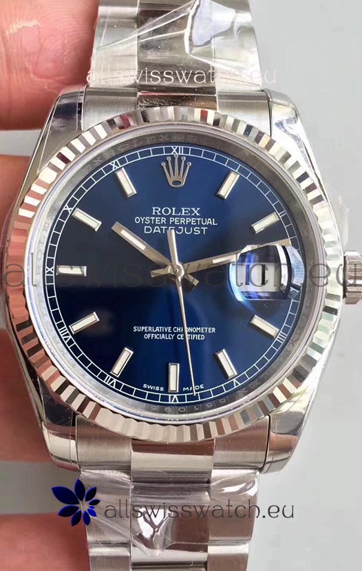 Rolex Datejust 36MM Cal.3135 Movement Swiss Replica Watch in 904L Steel Casing in Blue Dial