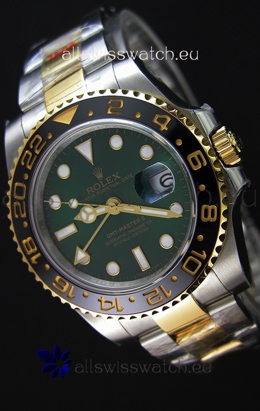 Rolex GMT Masters II Two Tone Yellow Gold Watch with Green Dial 