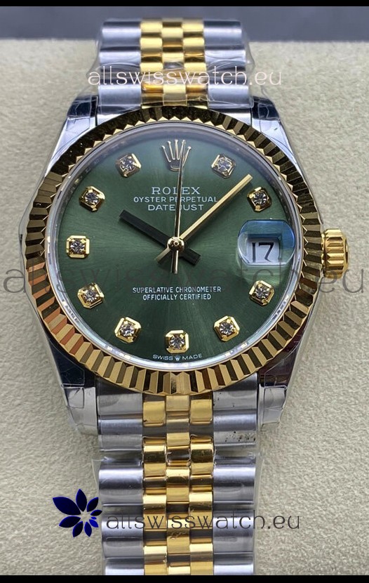 Rolex Datejust 31MM Swiss Watch in 904L Steel Two Tone Yellow Green Dial 1:1 Mirror Replica
