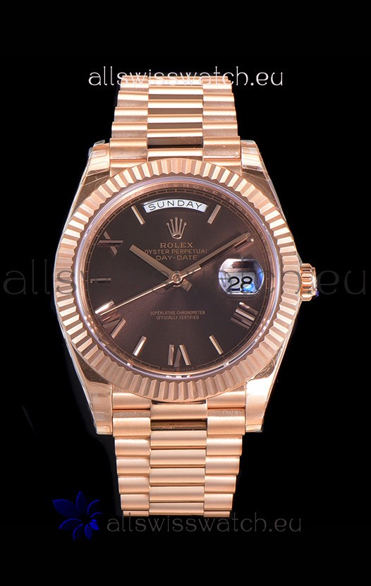 Rolex Day Date Watch in Brown Dial with Roman Hour Numerals Cal.3255 Movement - 904L Steel 