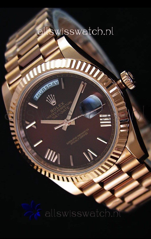 Rolex Day-Date 40MM Rose Gold in Brown Dial Roman Numerals Swiss Watch