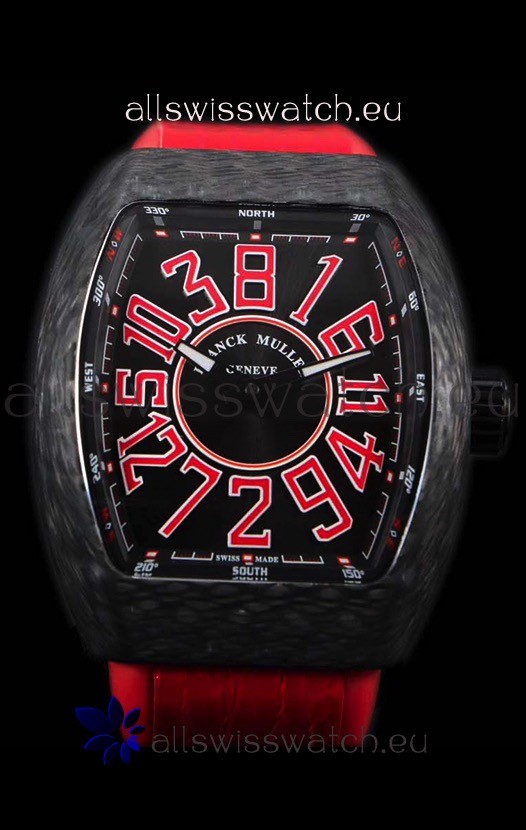 Franck Muller Vanguard Carbon Casing Red Indexes Swiss Watch