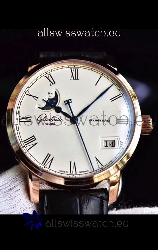 Glashuette Senator Excellence Panorama Date Moon Phase Pink Gold Swiss Watch