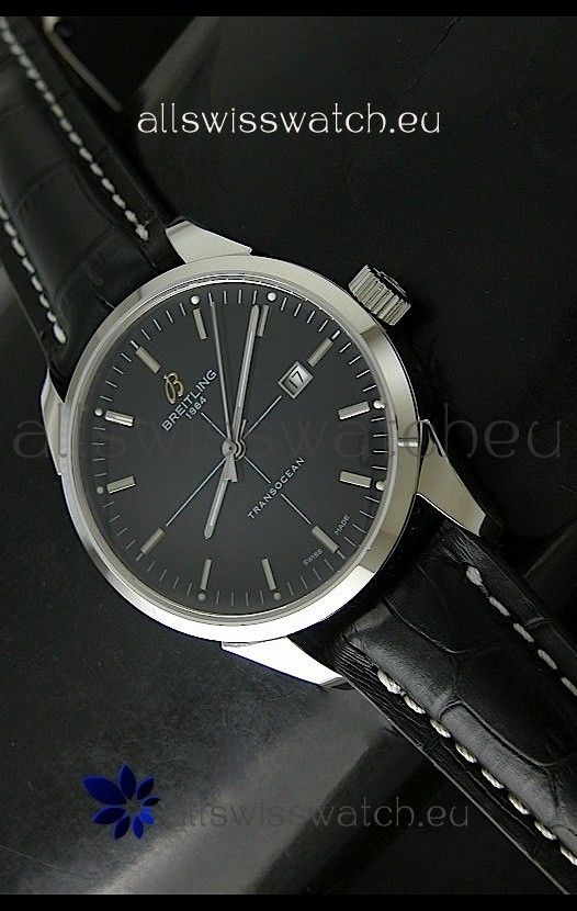 Breitling Transocean Stainless Steel Swiss Watch Black Dial