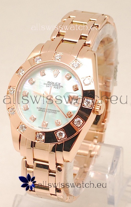 Rolex Datejust Swiss Replica Rose Gold Watch in Green Pearl Dial - 34MM