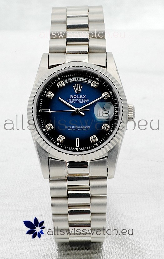 Rolex Day Date Silver Swiss Replica Watch in Blue Dial