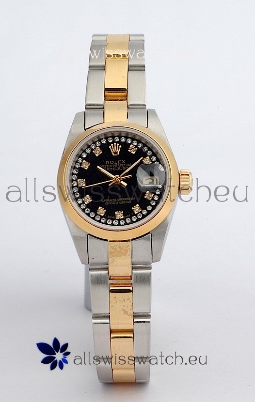 Rolex DateJust - Two Tone Ladies Swiss Replica Watch in Black Dial