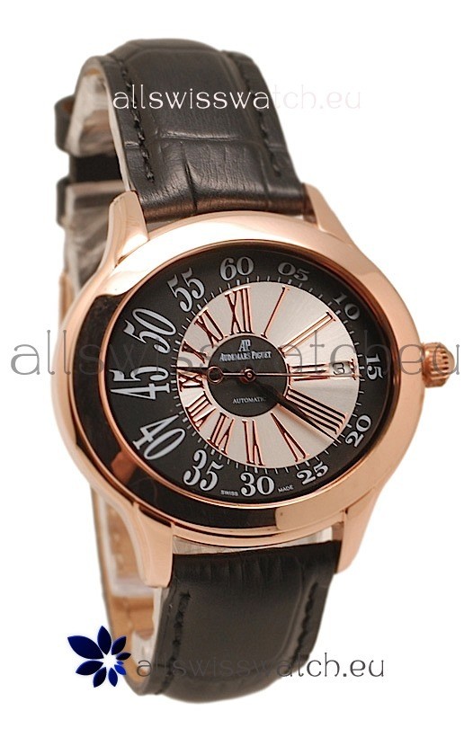 Audemars Piguet Millenary Hour and Minute Swiss Replica Rose Gold Watch in Black Strap