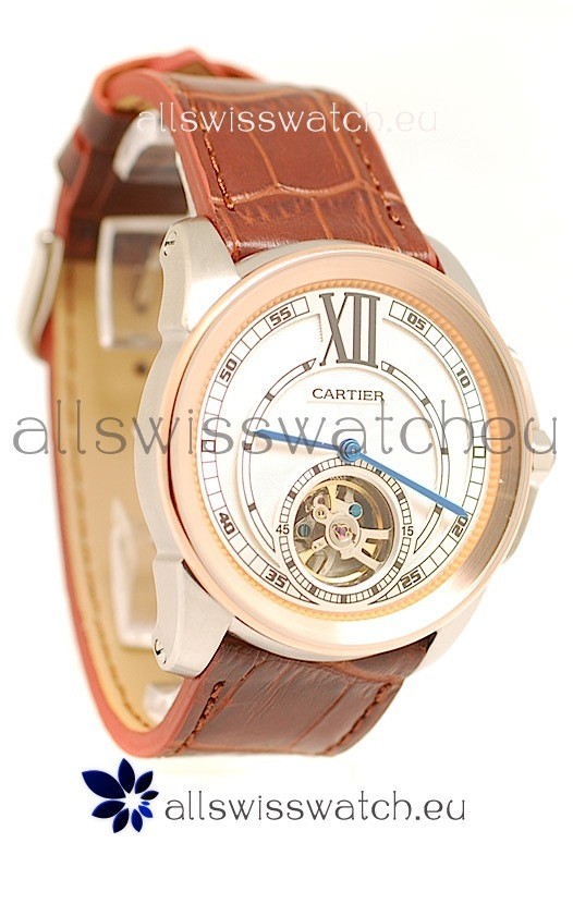Calibre de Cartier Flying Tourbillon Japanese Replica Rose Gold Watch 