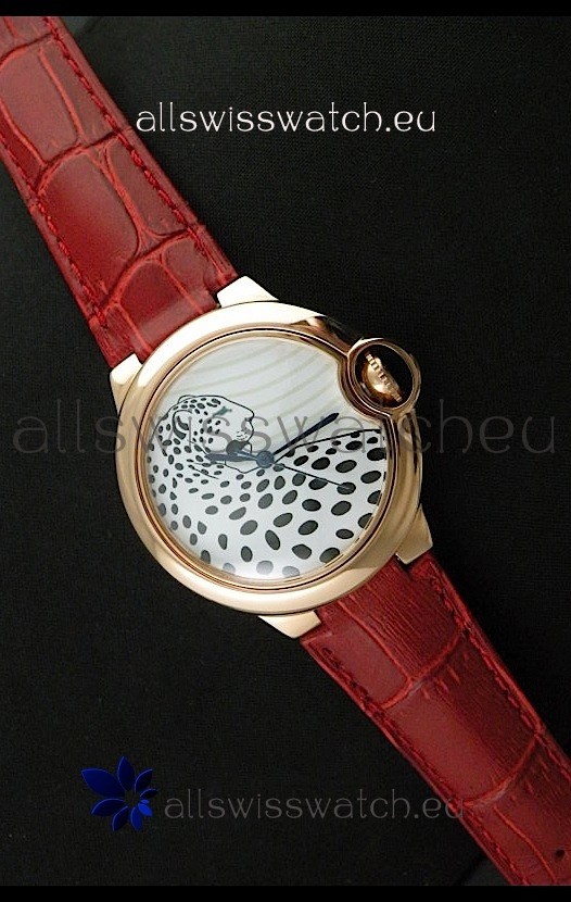 Ballon De Cartier Watch in Brown Leather Strap Leopard Dial