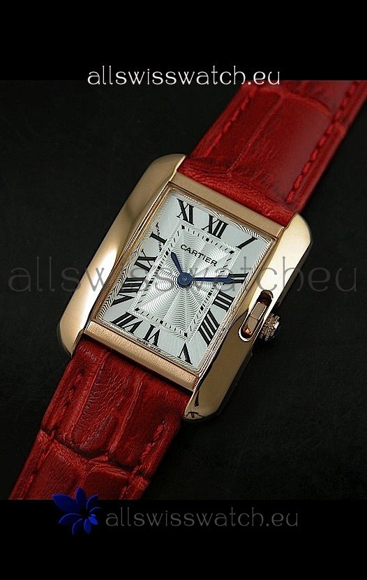 Cartier Louis Japanese Replica Ladies Rose Gold Watch in Red Strap
