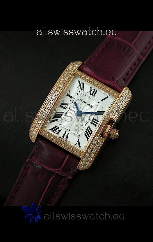 Cartier Louis Japanese Replica Ladies Rose Gold Diamond Watch in Purple Strap