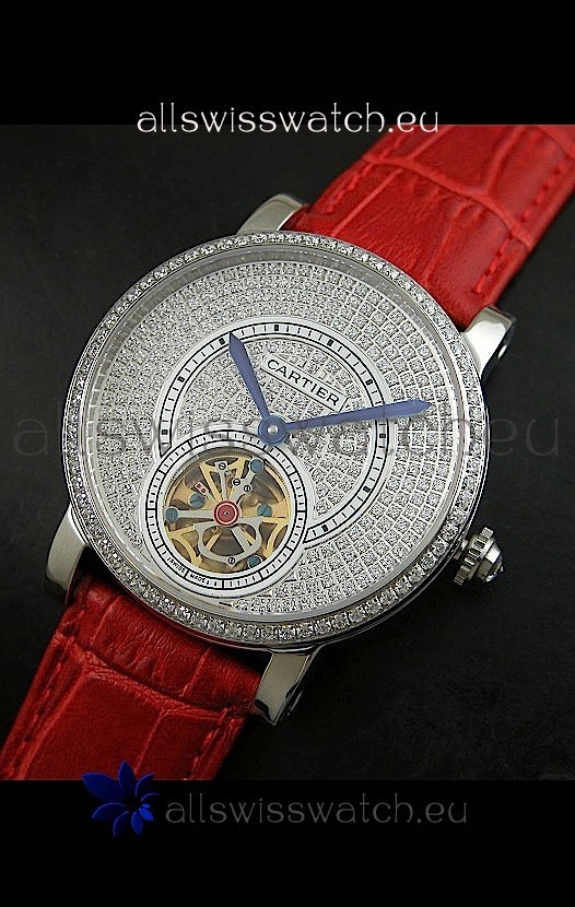 Cartier Ronde de Tourbillon Japanese Replica Diamond Watch in Red Strap