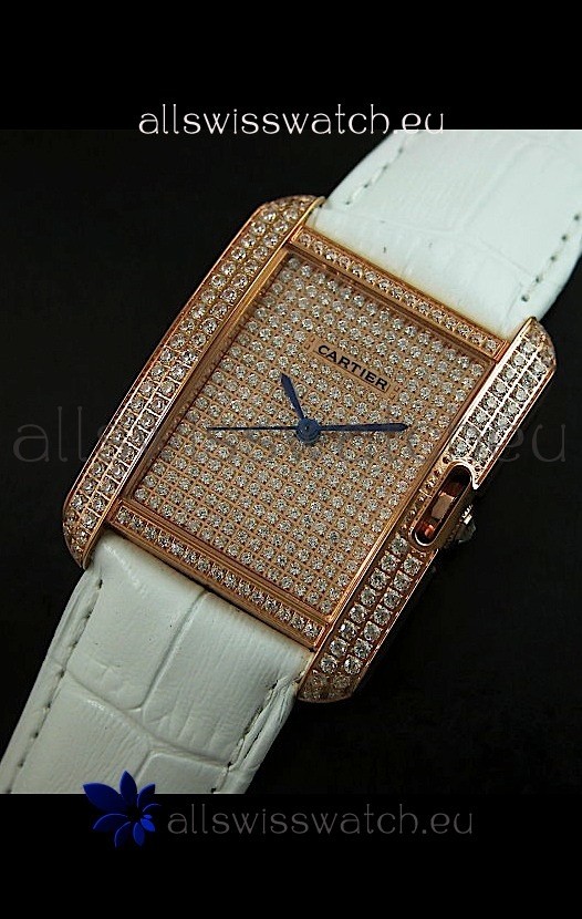 Cartier Tank Anglaise Ladies Replica Watch in Gold Case/White Strap